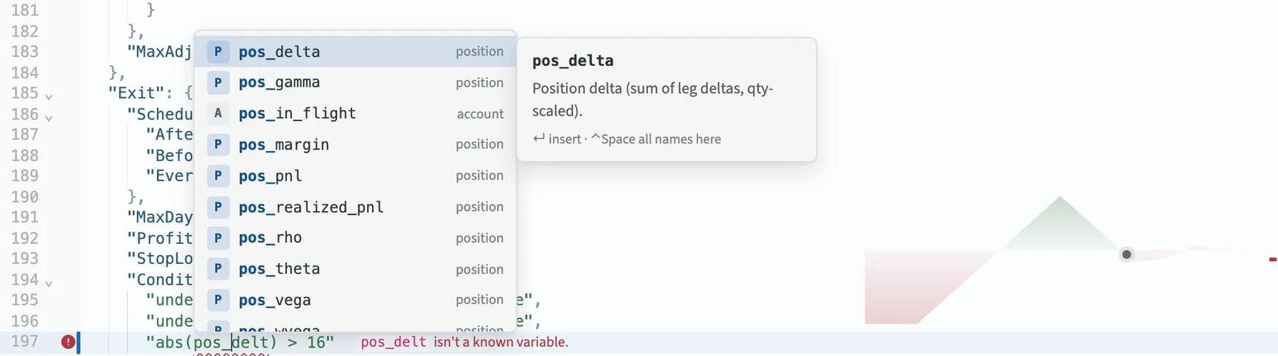 Autocomplete in Job Editor v2 after pos_ in the exit condition: pos_delta, pos_gamma, pos_in_flight, pos_margin, pos_pnl, pos_realized_pnl, pos_rho, pos_theta and pos_vega, with the description of pos_delta beside the list